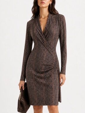 NORMA KAMALI Long Sleeve Snake-Print Dress in Brown Size L